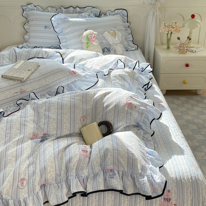 91家纺网 家纺一手货源 找家纺 欧尚 2025新款皱皱纱床盖四件套 蓝色小象