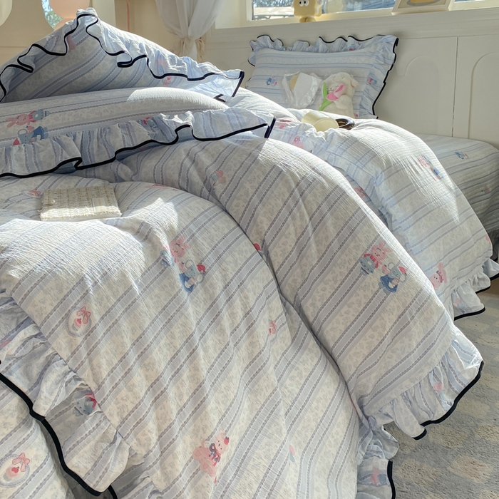 91家纺网 家纺一手货源 找家纺 欧尚 2025新款皱皱纱床盖四件套 蓝色小象