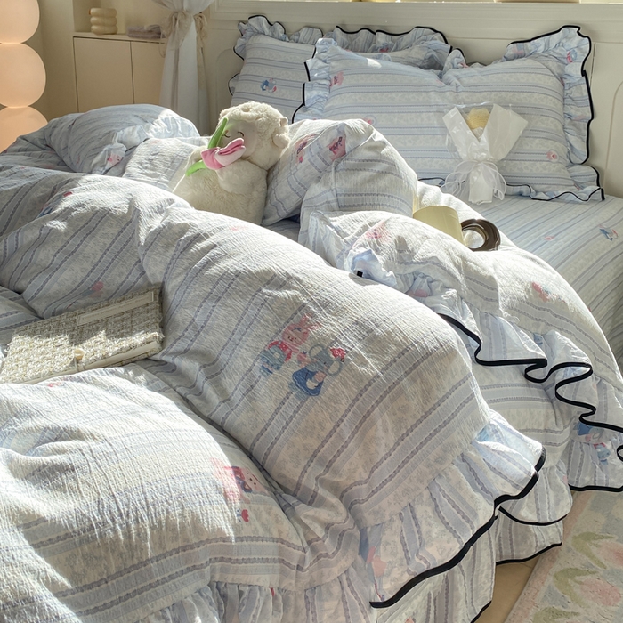 91家纺网 家纺一手货源 找家纺 欧尚 2025新款皱皱纱床盖四件套 蓝色小象