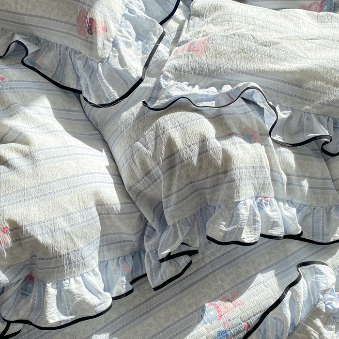 91家纺网 家纺一手货源 找家纺 欧尚 2025新款皱皱纱床盖四件套 蓝色小象