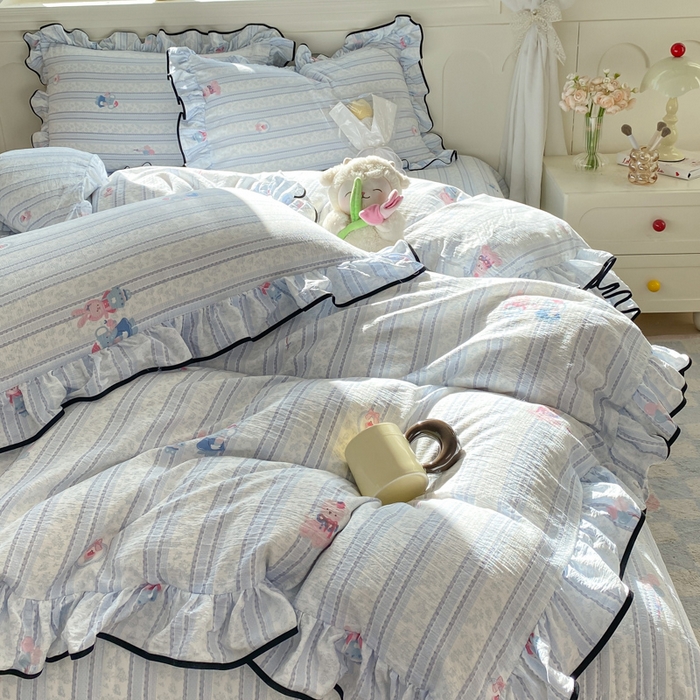 91家纺网 家纺一手货源 找家纺 欧尚 2025新款皱皱纱床盖四件套 蓝色小象