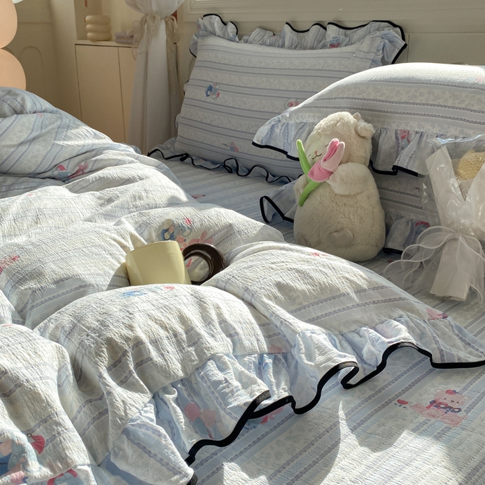 91家纺网 家纺一手货源 找家纺 欧尚 2025新款皱皱纱床盖四件套 蓝色小象