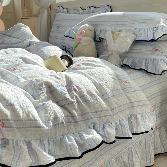 91家纺网 家纺一手货源 找家纺 欧尚 2025新款皱皱纱床盖四件套 蓝色小象