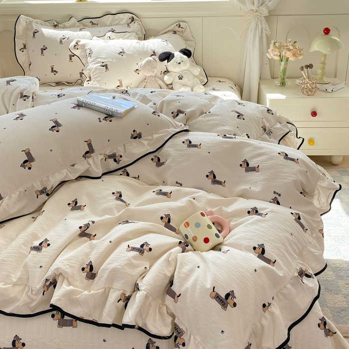 91家纺网 家纺一手货源 找家纺 欧尚 2025新款皱皱纱床盖四件套 香肠狗