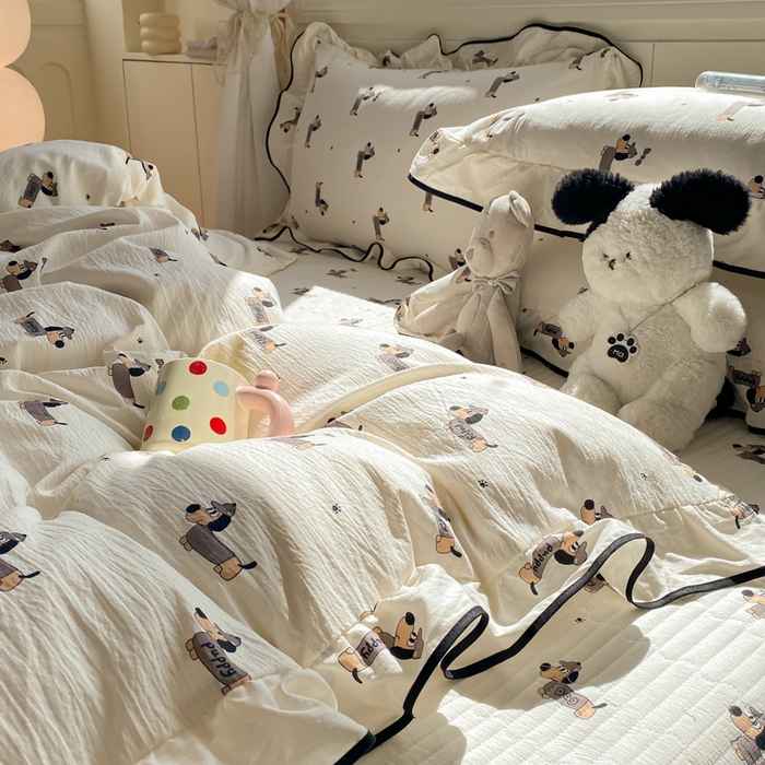 91家纺网 家纺一手货源 找家纺 欧尚 2025新款皱皱纱床盖四件套 香肠狗