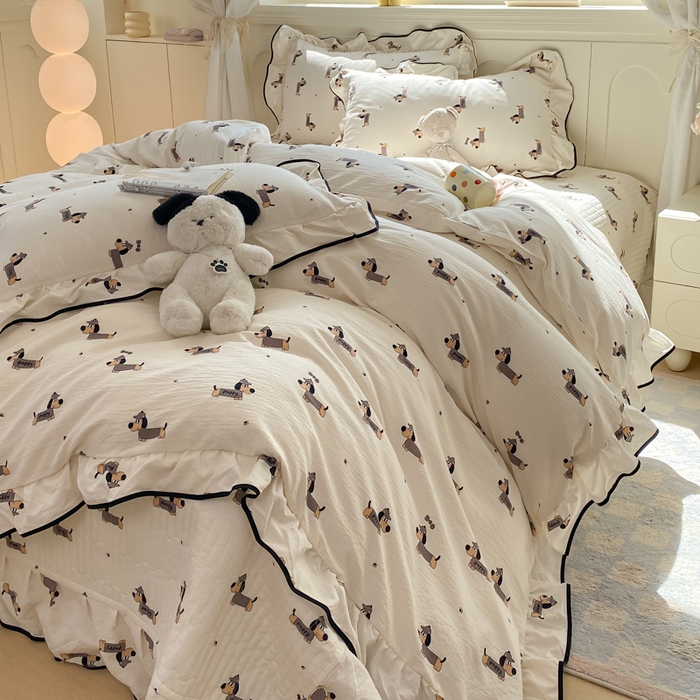 91家纺网 家纺一手货源 找家纺 欧尚 2025新款皱皱纱床盖四件套 香肠狗