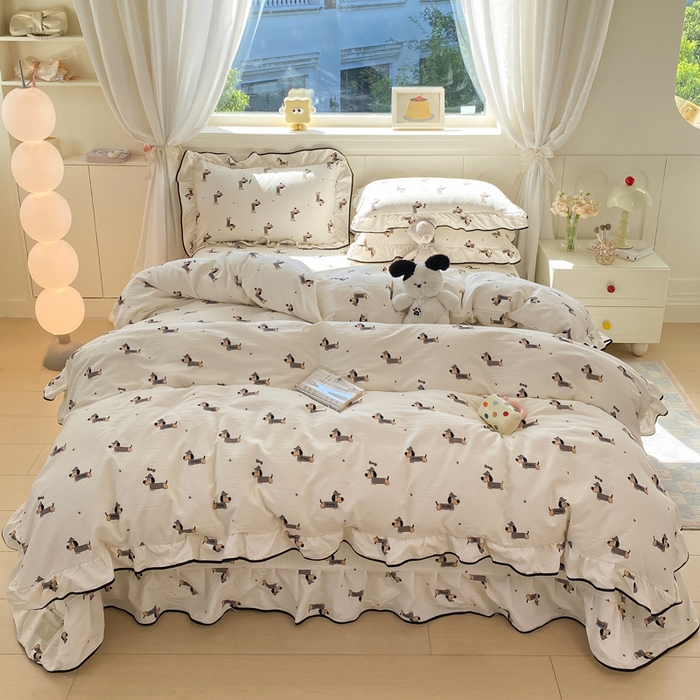 91家纺网 家纺一手货源 找家纺 欧尚 2025新款皱皱纱床盖四件套 香肠狗