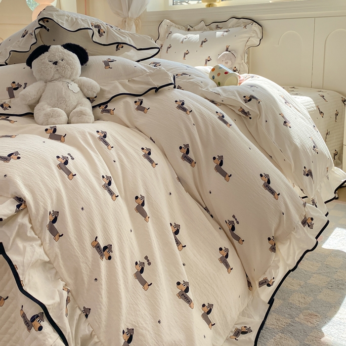 91家纺网 家纺一手货源 找家纺 欧尚 2025新款皱皱纱床盖四件套 香肠狗