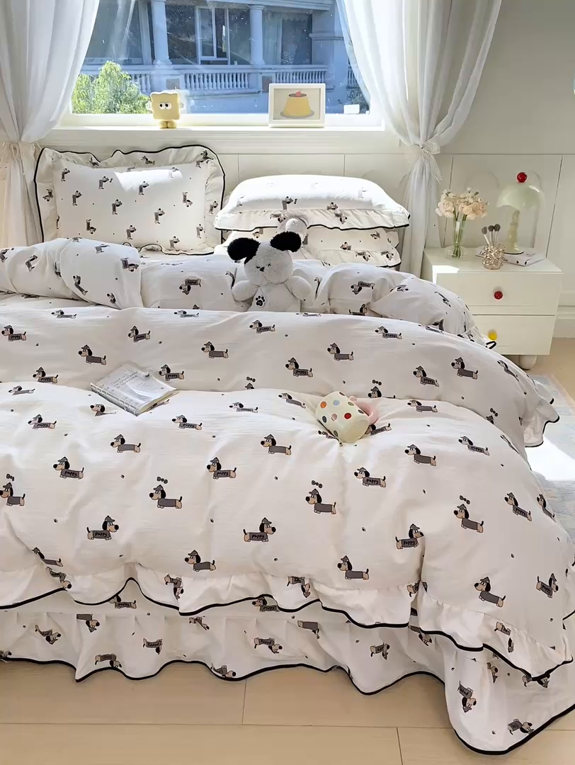 91家纺网 家纺一手货源 找家纺 欧尚 2025新款皱皱纱床盖四件套 香肠狗