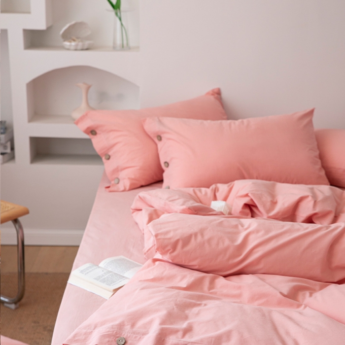 91家纺网 家纺一手货源 找家纺 贝尔 PELLHOME 全棉水洗棉纽扣款四件套（春节不打烊)（可抖音代发） 浅粉