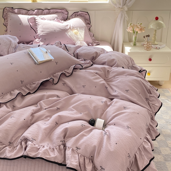 91家纺网 家纺一手货源 找家纺 欧尚 2025新款皱皱纱床盖四件套 芋泥波波