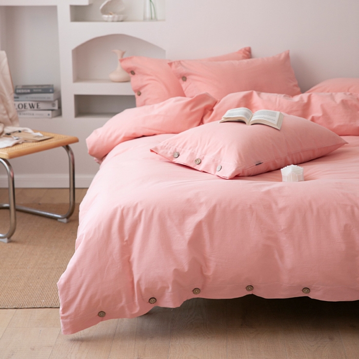 91家纺网 家纺一手货源 找家纺 贝尔 PELLHOME 全棉水洗棉纽扣款四件套（春节不打烊)（可抖音代发） 浅粉