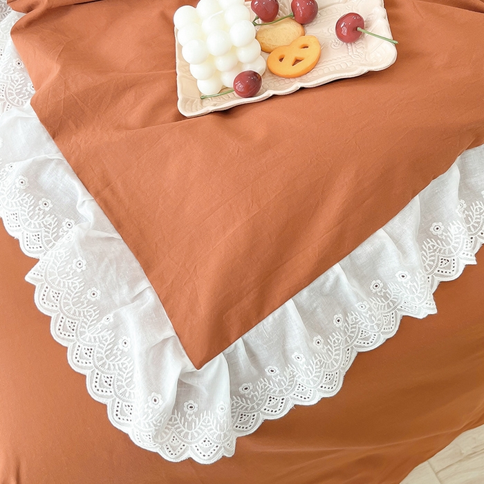 91家纺网 家纺一手货源 找家纺 贝尔 PELLHOME 全棉水洗棉宽花边镂空刺绣四件套床单床笠场景一春节不打烊（可抖音代发） 焦糖桔