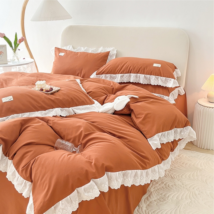 91家纺网 家纺一手货源 找家纺 贝尔 PELLHOME 全棉水洗棉宽花边镂空刺绣四件套床单床笠场景一春节不打烊（可抖音代发） 焦糖桔
