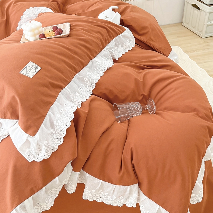 91家纺网 家纺一手货源 找家纺 贝尔 PELLHOME 全棉水洗棉宽花边镂空刺绣四件套床单床笠场景一春节不打烊（可抖音代发） 焦糖桔