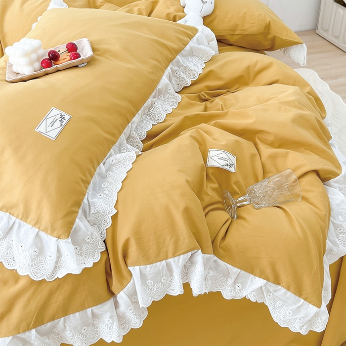 91家纺网 家纺一手货源 找家纺 贝尔 PELLHOME 全棉水洗棉宽花边镂空刺绣四件套床单床笠场景一春节不打烊（可抖音代发） 麦穗黄