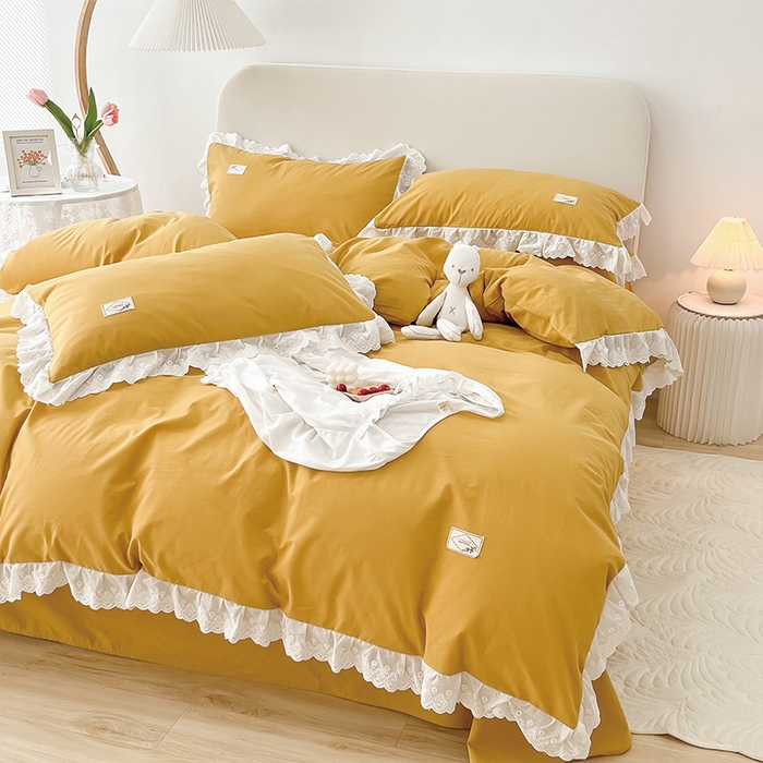 91家纺网 家纺一手货源 找家纺 贝尔 PELLHOME 全棉水洗棉宽花边镂空刺绣四件套床单床笠场景一春节不打烊（可抖音代发） 麦穗黄