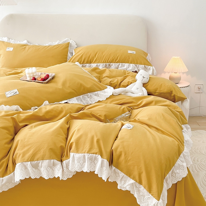 91家纺网 家纺一手货源 找家纺 贝尔 PELLHOME 全棉水洗棉宽花边镂空刺绣四件套床单床笠场景一春节不打烊（可抖音代发） 麦穗黄
