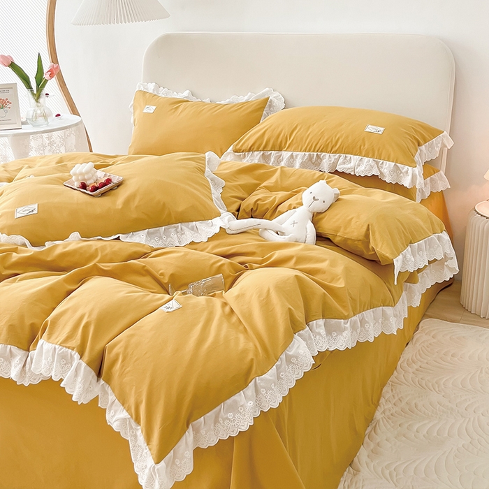 91家纺网 家纺一手货源 找家纺 贝尔 PELLHOME 全棉水洗棉宽花边镂空刺绣四件套床单床笠场景一春节不打烊（可抖音代发） 麦穗黄