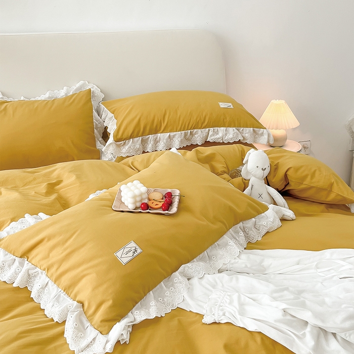 91家纺网 家纺一手货源 找家纺 贝尔 PELLHOME 全棉水洗棉宽花边镂空刺绣四件套床单床笠场景一春节不打烊（可抖音代发） 麦穗黄