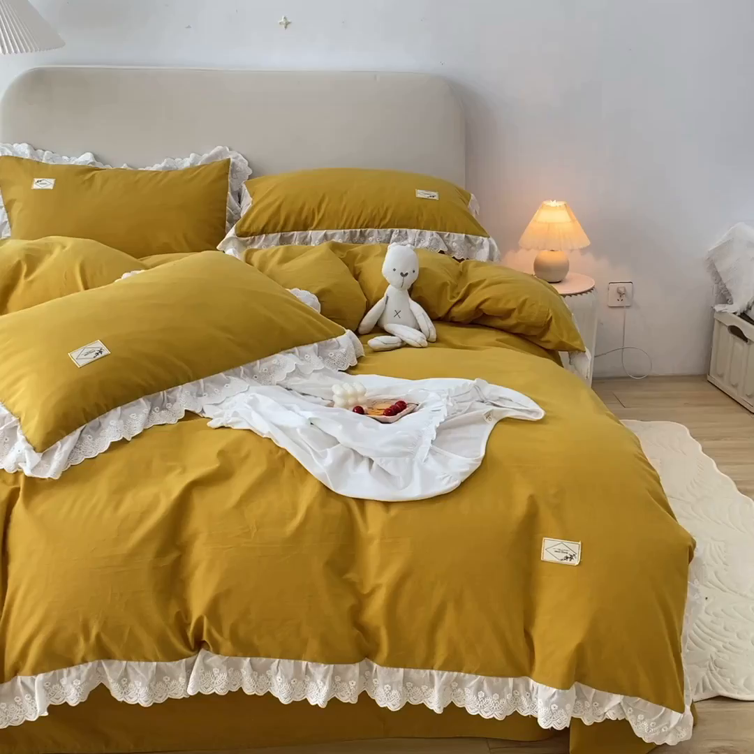 91家纺网 家纺一手货源 找家纺 贝尔 PELLHOME 全棉水洗棉宽花边镂空刺绣四件套床单床笠场景一春节不打烊（可抖音代发） 麦穗黄