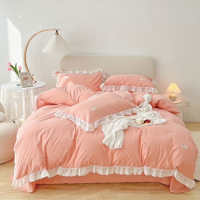 贝尔 PELLHOME 全棉水洗棉宽花边镂空刺绣四件套床单床笠场景一春节不打烊（可抖音代发） 蜜糖粉