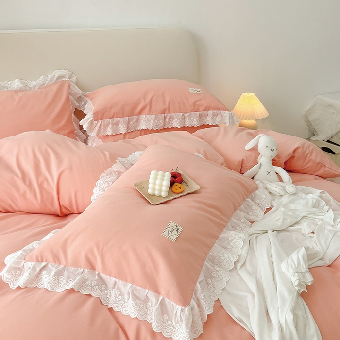 91家纺网 家纺一手货源 找家纺 贝尔 PELLHOME 全棉水洗棉宽花边镂空刺绣四件套床单床笠场景一春节不打烊（可抖音代发） 蜜糖粉