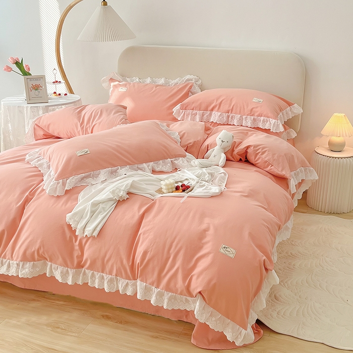 91家纺网 家纺一手货源 找家纺 贝尔 PELLHOME 全棉水洗棉宽花边镂空刺绣四件套床单床笠场景一春节不打烊（可抖音代发） 蜜糖粉