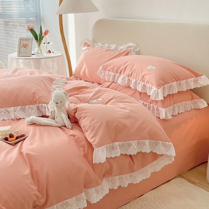 91家纺网 家纺一手货源 找家纺 贝尔 PELLHOME 全棉水洗棉宽花边镂空刺绣四件套床单床笠场景一春节不打烊（可抖音代发） 蜜糖粉