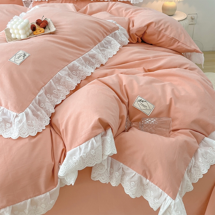 91家纺网 家纺一手货源 找家纺 贝尔 PELLHOME 全棉水洗棉宽花边镂空刺绣四件套床单床笠场景一春节不打烊（可抖音代发） 蜜糖粉