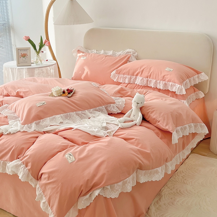 91家纺网 家纺一手货源 找家纺 贝尔 PELLHOME 全棉水洗棉宽花边镂空刺绣四件套床单床笠场景一春节不打烊（可抖音代发） 蜜糖粉