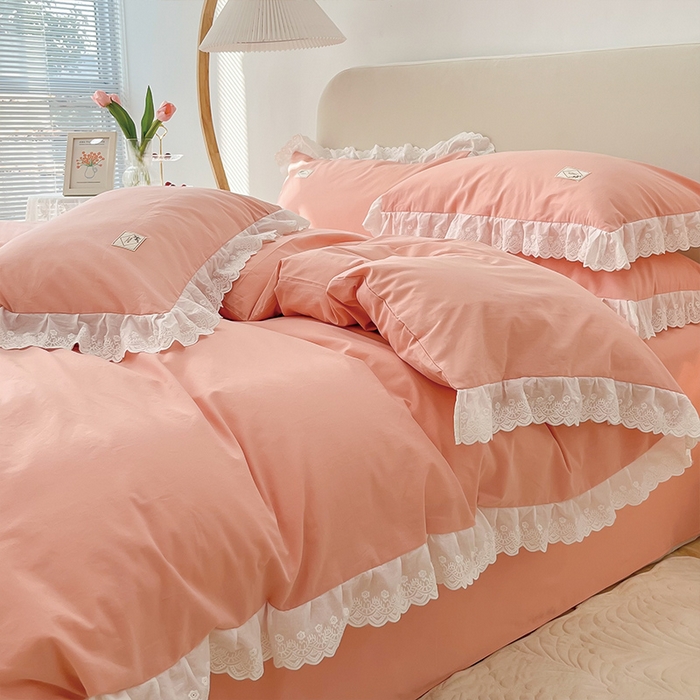 91家纺网 家纺一手货源 找家纺 贝尔 PELLHOME 全棉水洗棉宽花边镂空刺绣四件套床单床笠场景一春节不打烊（可抖音代发） 蜜糖粉