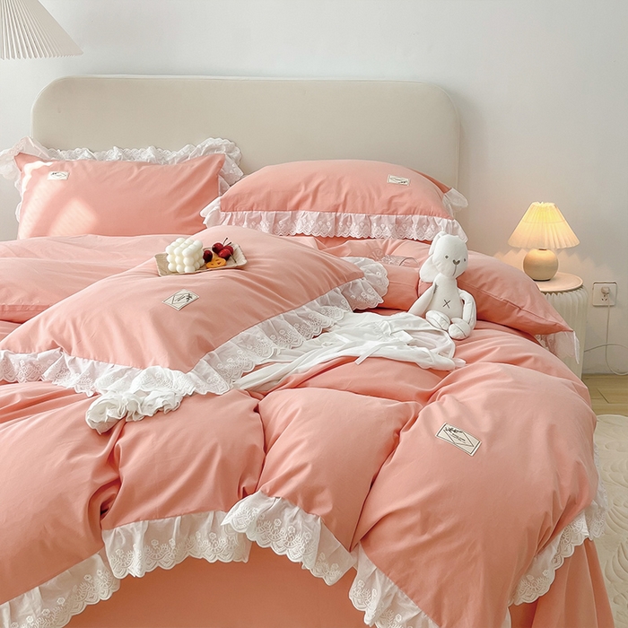 91家纺网 家纺一手货源 找家纺 贝尔 PELLHOME 全棉水洗棉宽花边镂空刺绣四件套床单床笠场景一春节不打烊（可抖音代发） 蜜糖粉