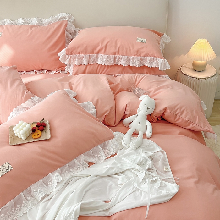 91家纺网 家纺一手货源 找家纺 贝尔 PELLHOME 全棉水洗棉宽花边镂空刺绣四件套床单床笠场景一春节不打烊（可抖音代发） 蜜糖粉