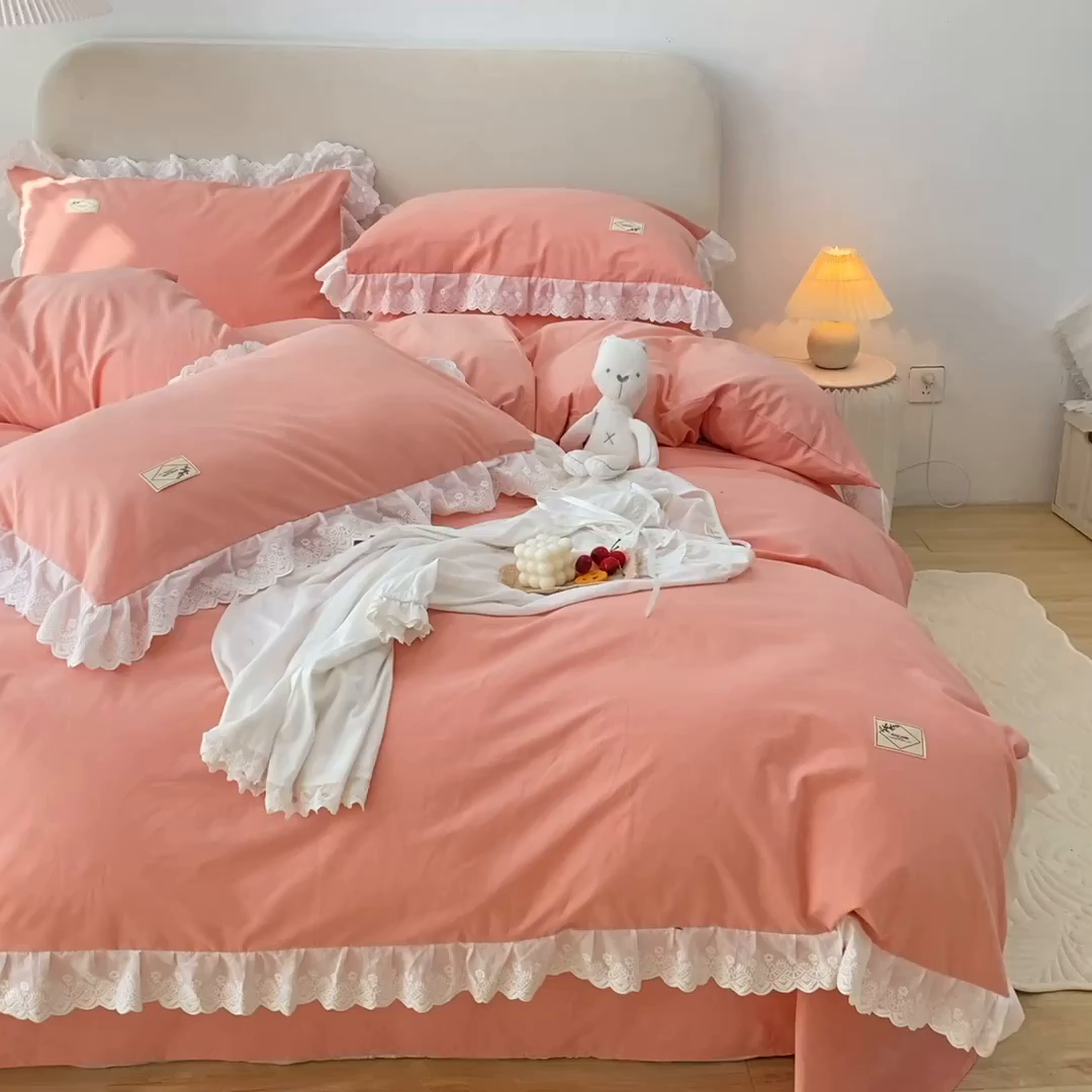91家纺网 家纺一手货源 找家纺 贝尔 PELLHOME 全棉水洗棉宽花边镂空刺绣四件套床单床笠场景一春节不打烊（可抖音代发） 蜜糖粉