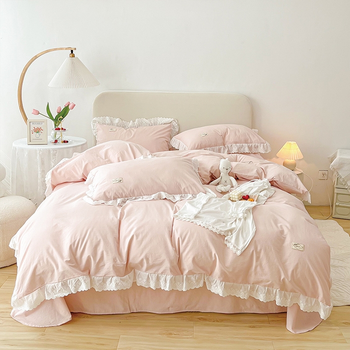贝尔 PELLHOME 全棉水洗棉宽花边镂空刺绣四件套床单床笠场景一春节不打烊（可抖音代发） 樱花粉