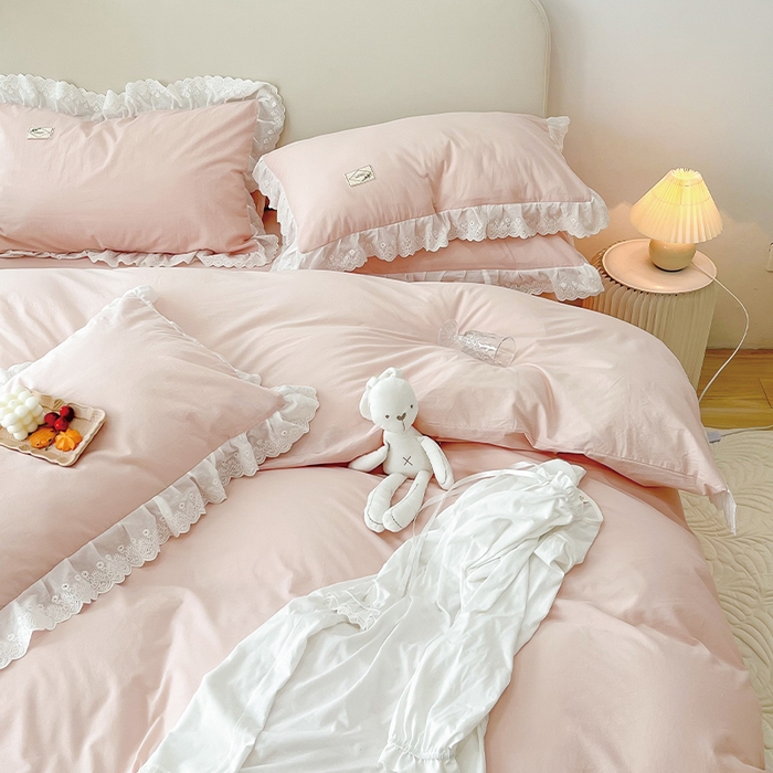 91家纺网 家纺一手货源 找家纺 贝尔 PELLHOME 全棉水洗棉宽花边镂空刺绣四件套床单床笠场景一春节不打烊（可抖音代发） 樱花粉
