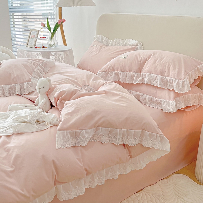 91家纺网 家纺一手货源 找家纺 贝尔 PELLHOME 全棉水洗棉宽花边镂空刺绣四件套床单床笠场景一春节不打烊（可抖音代发） 樱花粉