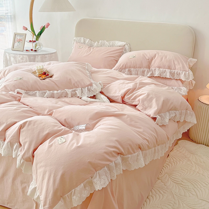 91家纺网 家纺一手货源 找家纺 贝尔 PELLHOME 全棉水洗棉宽花边镂空刺绣四件套床单床笠场景一春节不打烊（可抖音代发） 樱花粉