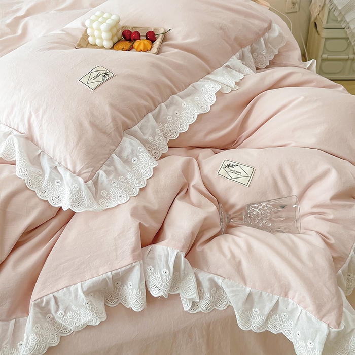 91家纺网 家纺一手货源 找家纺 贝尔 PELLHOME 全棉水洗棉宽花边镂空刺绣四件套床单床笠场景一春节不打烊（可抖音代发） 樱花粉
