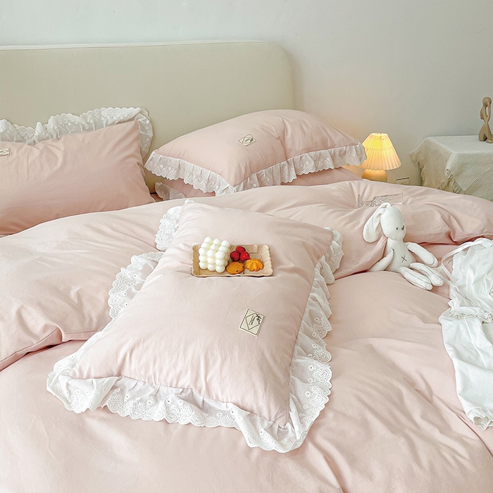 91家纺网 家纺一手货源 找家纺 贝尔 PELLHOME 全棉水洗棉宽花边镂空刺绣四件套床单床笠场景一春节不打烊（可抖音代发） 樱花粉