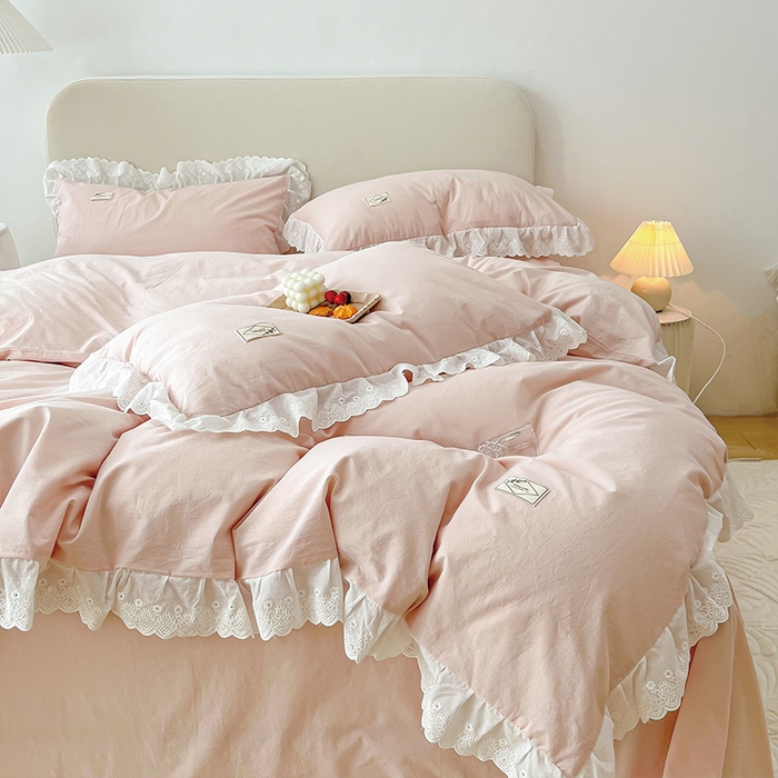 91家纺网 家纺一手货源 找家纺 贝尔 PELLHOME 全棉水洗棉宽花边镂空刺绣四件套床单床笠场景一春节不打烊（可抖音代发） 樱花粉