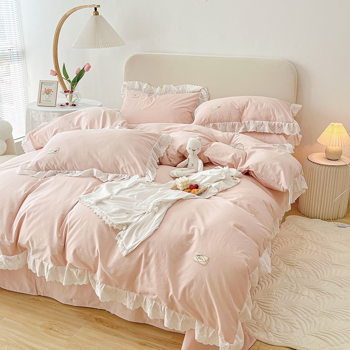91家纺网 家纺一手货源 找家纺 贝尔 PELLHOME 全棉水洗棉宽花边镂空刺绣四件套床单床笠场景一春节不打烊（可抖音代发） 樱花粉