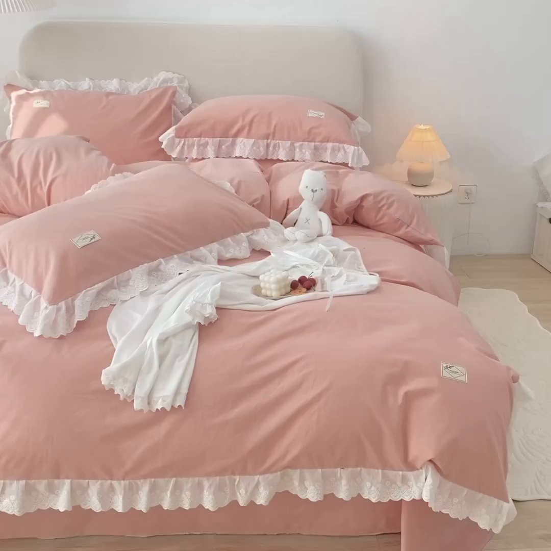91家纺网 家纺一手货源 找家纺 贝尔 PELLHOME 全棉水洗棉宽花边镂空刺绣四件套床单床笠场景一春节不打烊（可抖音代发） 樱花粉