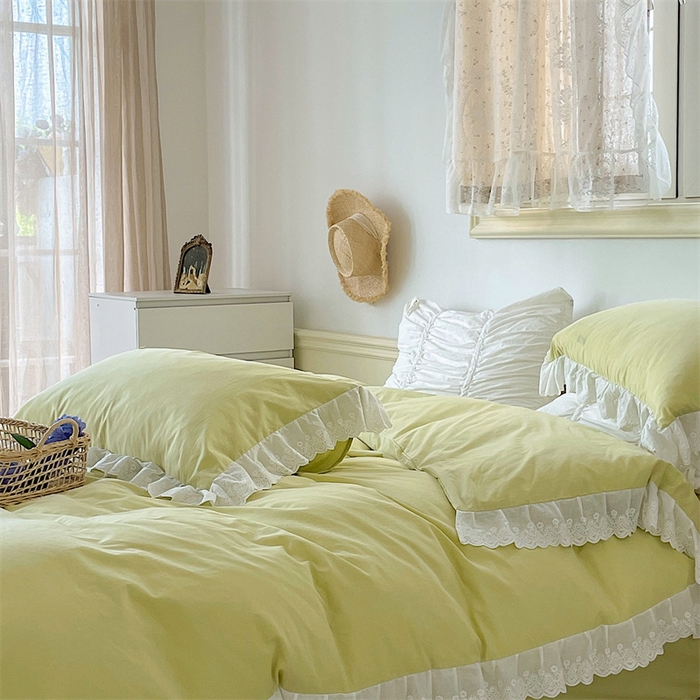 91家纺网 家纺一手货源 找家纺 贝尔 PELLHOME 全棉水洗棉宽花边镂空刺绣四件套床单床笠场景一春节不打烊（可抖音代发） 蔓青绿