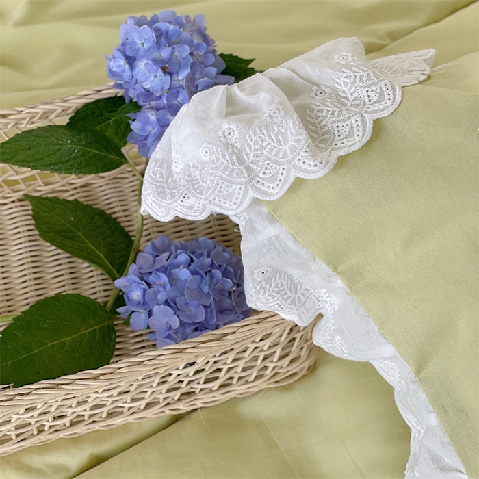 91家纺网 家纺一手货源 找家纺 贝尔 PELLHOME 全棉水洗棉宽花边镂空刺绣四件套床单床笠场景一春节不打烊（可抖音代发） 蔓青绿