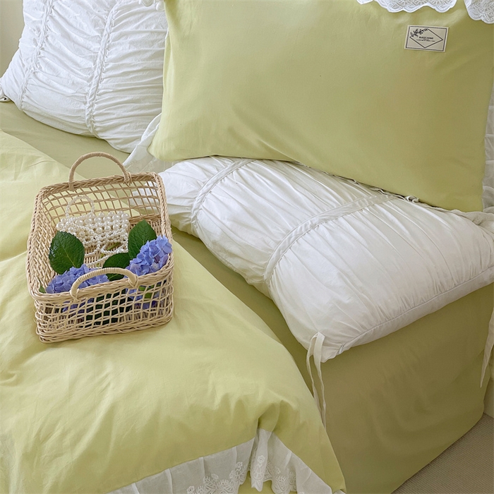 91家纺网 家纺一手货源 找家纺 贝尔 PELLHOME 全棉水洗棉宽花边镂空刺绣四件套床单床笠场景一春节不打烊（可抖音代发） 蔓青绿