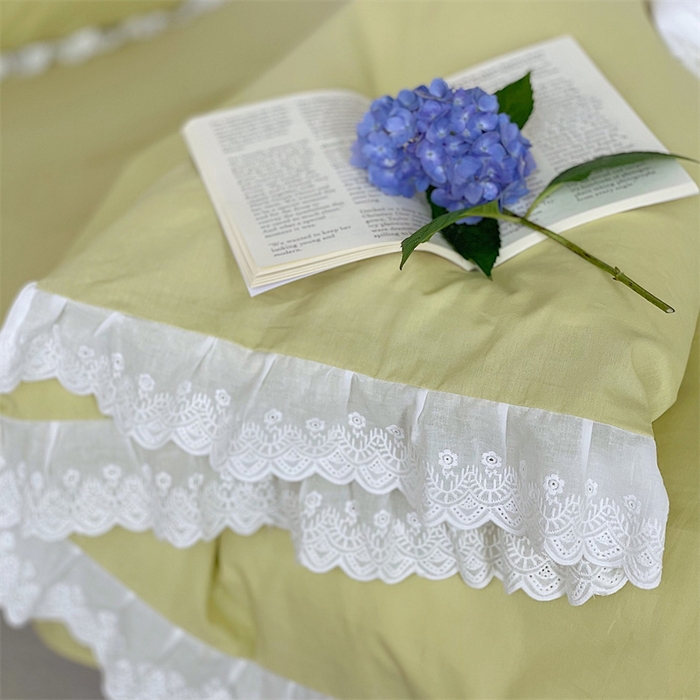 91家纺网 家纺一手货源 找家纺 贝尔 PELLHOME 全棉水洗棉宽花边镂空刺绣四件套床单床笠场景一春节不打烊（可抖音代发） 蔓青绿