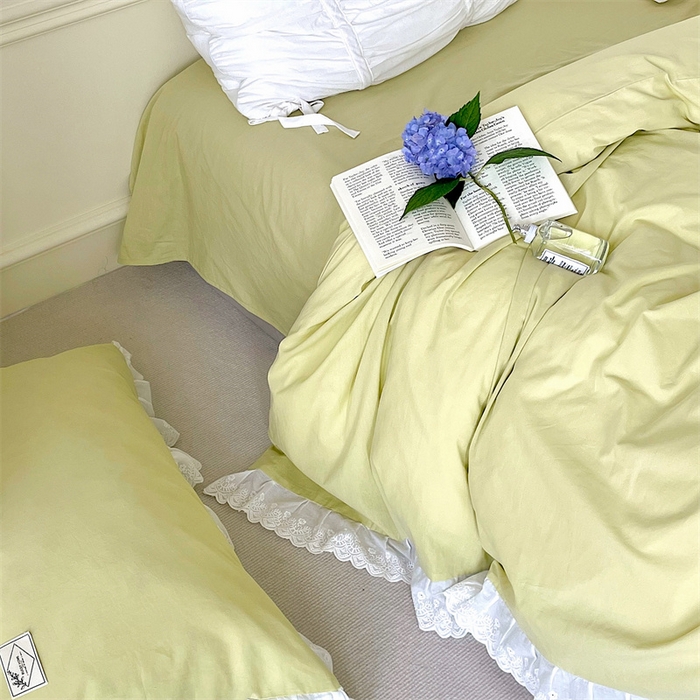 91家纺网 家纺一手货源 找家纺 贝尔 PELLHOME 全棉水洗棉宽花边镂空刺绣四件套床单床笠场景一春节不打烊（可抖音代发） 蔓青绿