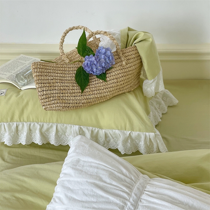 91家纺网 家纺一手货源 找家纺 贝尔 PELLHOME 全棉水洗棉宽花边镂空刺绣四件套床单床笠场景一春节不打烊（可抖音代发） 蔓青绿